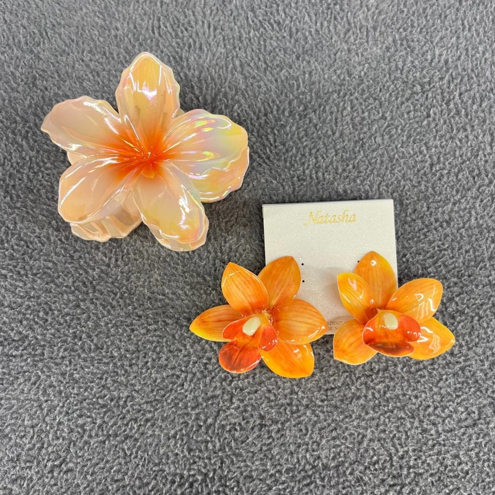 Natasha Flower Earring & Hair Clip Set Orange Orchid Tropical Hibiscus Bora